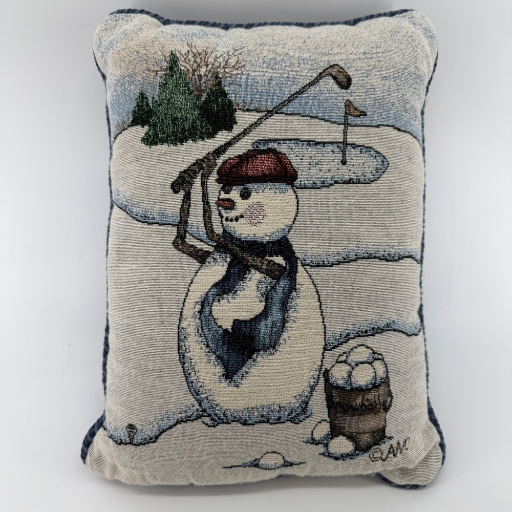 Vintage Snowman Golf Woven Tapestry Decorative Pillow Blue Corduroy Back 12x9